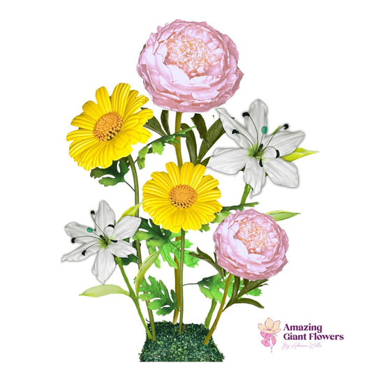 Heaven’s Peace Giant Flower Backdrop – Featuring White Lilies, Pale Pink Peonies, and Soft Yellow Daisies
