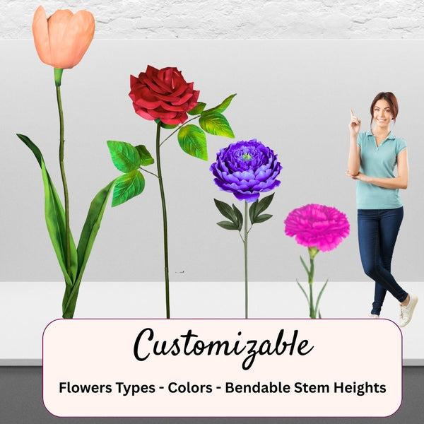Colorful flowers with customizable options and a person pointing at them.