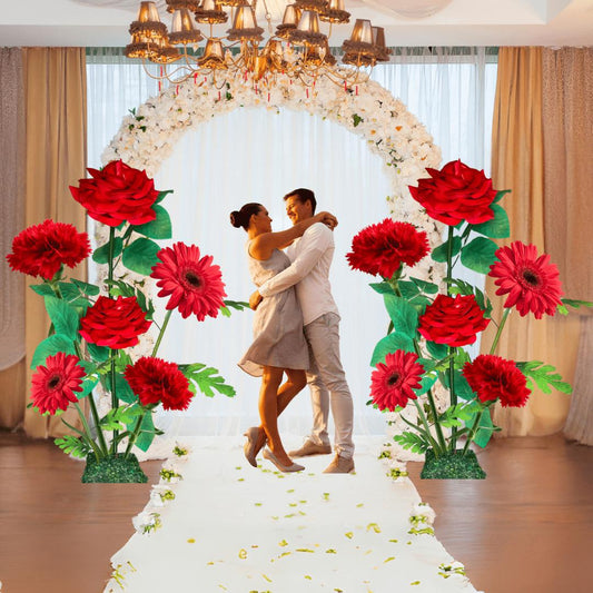 All Red Passion Giant Flower Backdrop – Featuring Red Roses, Red Gerberas, and Red Carnations