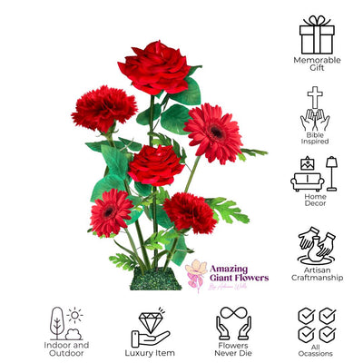 All Red Passion Giant Flower Backdrop – Featuring Red Roses, Red Gerberas, and Red Carnations