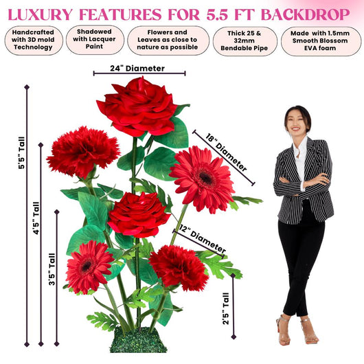 All Red Passion Giant Flower Backdrop – Featuring Red Roses, Red Gerberas, and Red Carnations