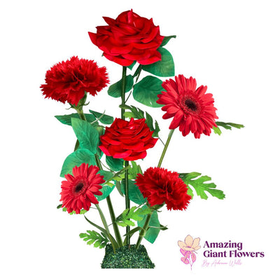 All Red Passion Giant Flower Backdrop – Featuring Red Roses, Red Gerberas, and Red Carnations