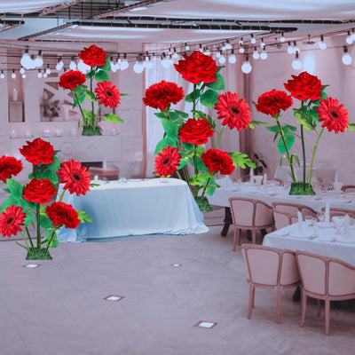All Red Passion Tall Table Centerpiece – Red Rose, Red Gerbera, and Red Carnation, 18" and 12"Diameter Flowers