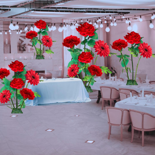 All Red Passion Tall Table Centerpiece – Red Rose, Red Gerbera, and Red Carnation, 18" and 12"Diameter Flowers