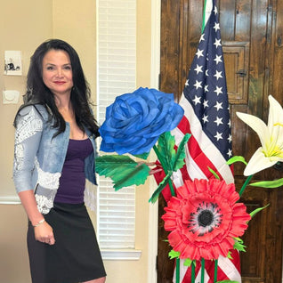 American Flag Decor with Patriotic Floral Arrangement - Red, Blue, White