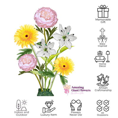 Baby’s First Light Giant Flowers – Featuring Pink Peonies, White Lilies, and Soft Yellow Gerberas