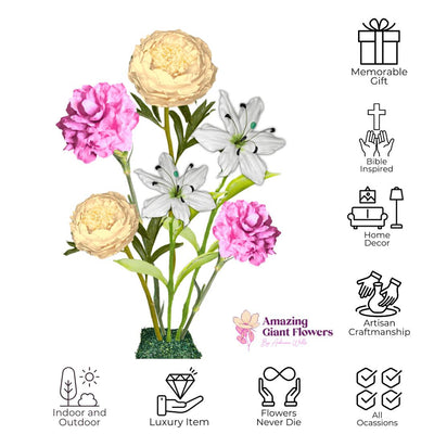 Bundle of Joy Giant Flower Backdrop – Featuring Yellow Peonies, Pink Carnations, and White Lilies