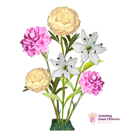 Bundle of Joy Giant Flower Backdrop – Featuring Yellow Peonies, Pink Carnations, and White Lilies