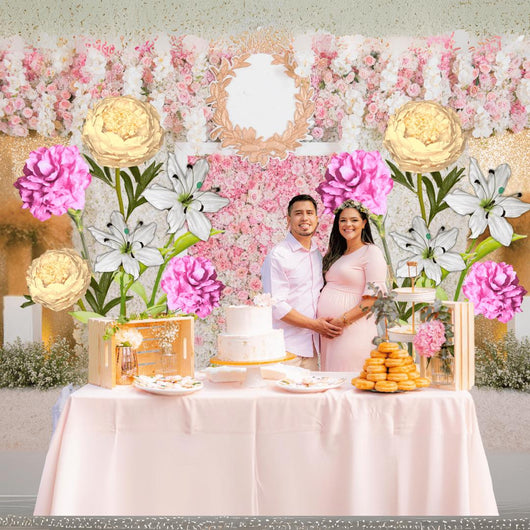 Bundle of Joy Giant Flower Backdrop – Featuring Yellow Peonies, Pink Carnations, and White Lilies