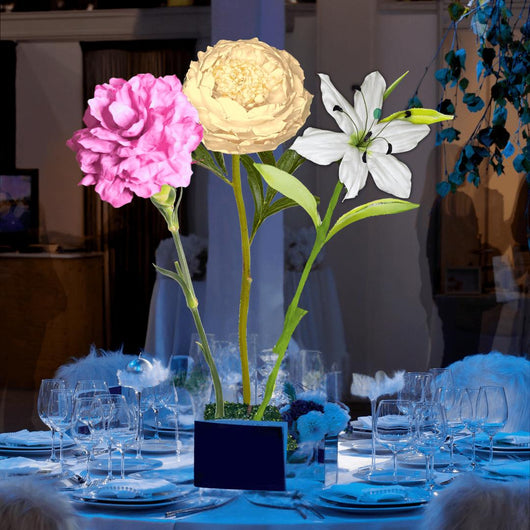 Bundle of Joy Tall Table Centerpiece – Yellow Peony, Pink Carnation, and White Lily, 18" and 12"Diameter Flowers