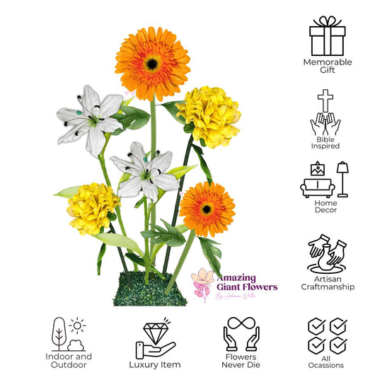 Business Blossom Giant Flower Entrance Arrangement – Featuring Orange Gerberas, White Lilies, and Yellow Marigolds