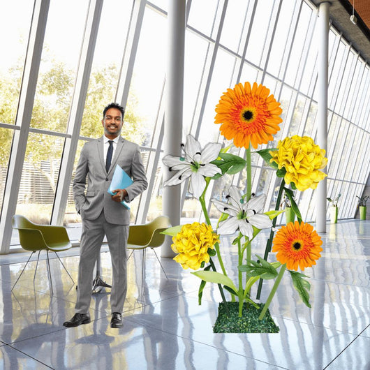 Business Blossom Giant Flower Entrance Arrangement – Featuring Orange Gerberas, White Lilies, and Yellow Marigolds
