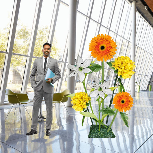 Business Blossom Giant Flower Entrance Arrangement – Featuring Orange Gerberas, White Lilies, and Yellow Marigolds