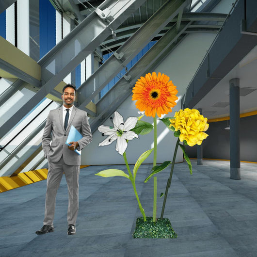 Business Blossom Giant Flower Entrance Arrangement – Featuring Orange Gerberas, White Lilies, and Yellow Marigolds