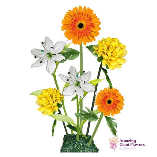 Business Blossom Giant Flower Entrance Arrangement – Featuring Orange Gerberas, White Lilies, and Yellow Marigolds