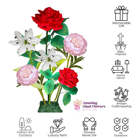 Everlasting Love Giant Flower Backdrop – Featuring Red Roses, White Lilies, and Pink Peonies