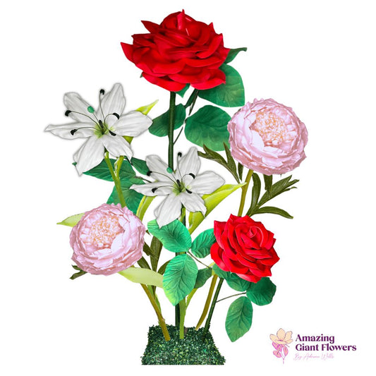 Everlasting Love Giant Flower Backdrop – Featuring Red Roses, White Lilies, and Pink Peonies