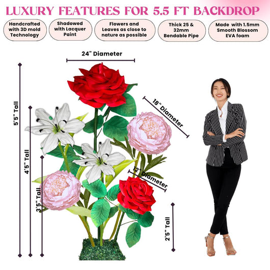 Everlasting Love Giant Flower Backdrop – Featuring Red Roses, White Lilies, and Pink Peonies