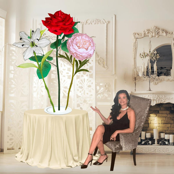 Everlasting Love Tall Table Centerpiece – Red Rose, White Lily, and Pink Peony, 11"and 18" Diameter Flowers