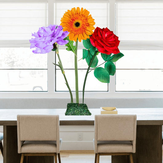 Everyday Blessings Tall Table Centerpiece – Orange Gerbera, Lilac Carnation, and Red Rose, 18" and 12" Diameter Flowers