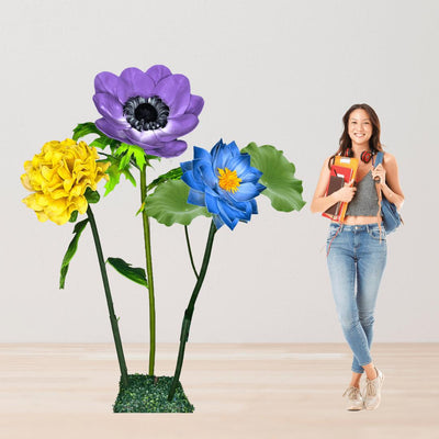 Flourishing Growth Giant Flower Backdrop – Featuring Yellow Marigolds, Blue Water Lilies, and Lavender Anemones