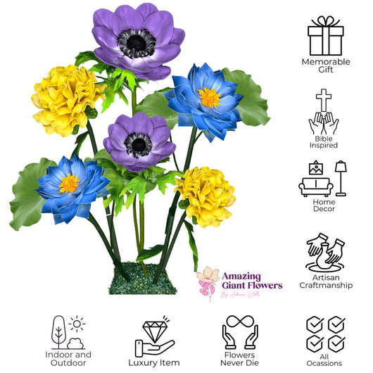 Flourishing Growth Giant Flower Backdrop – Featuring Yellow Marigolds, Blue Water Lilies, and Lavender Anemones