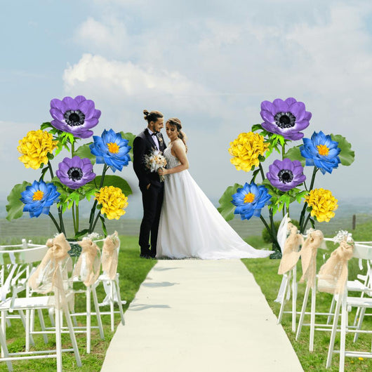 Flourishing Growth Giant Flower Backdrop – Featuring Yellow Marigolds, Blue Water Lilies, and Lavender Anemones