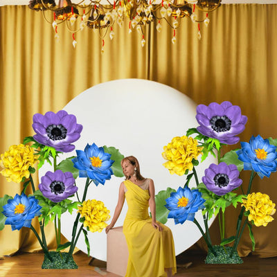 Flourishing Growth Giant Flower Backdrop – Featuring Yellow Marigolds, Blue Water Lilies, and Lavender Anemones