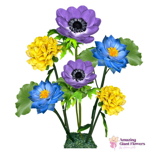 Flourishing Growth Giant Flower Backdrop – Featuring Yellow Marigolds, Blue Water Lilies, and Lavender Anemones