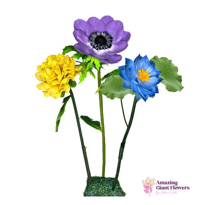 Flourishing Growth Giant Flower Backdrop – Featuring Yellow Marigolds, Blue Water Lilies, and Lavender Anemones
