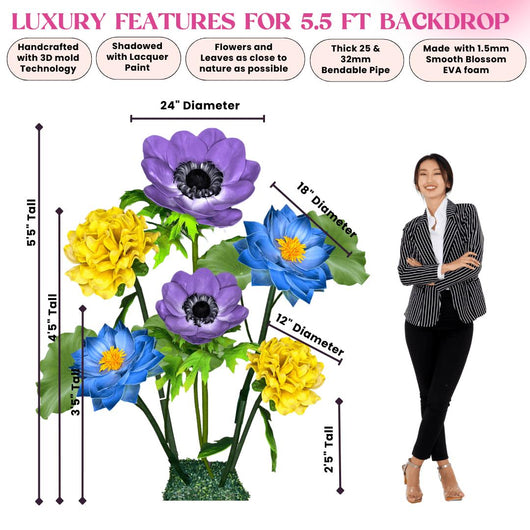 Flourishing Growth Giant Flower Backdrop – Featuring Yellow Marigolds, Blue Water Lilies, and Lavender Anemones