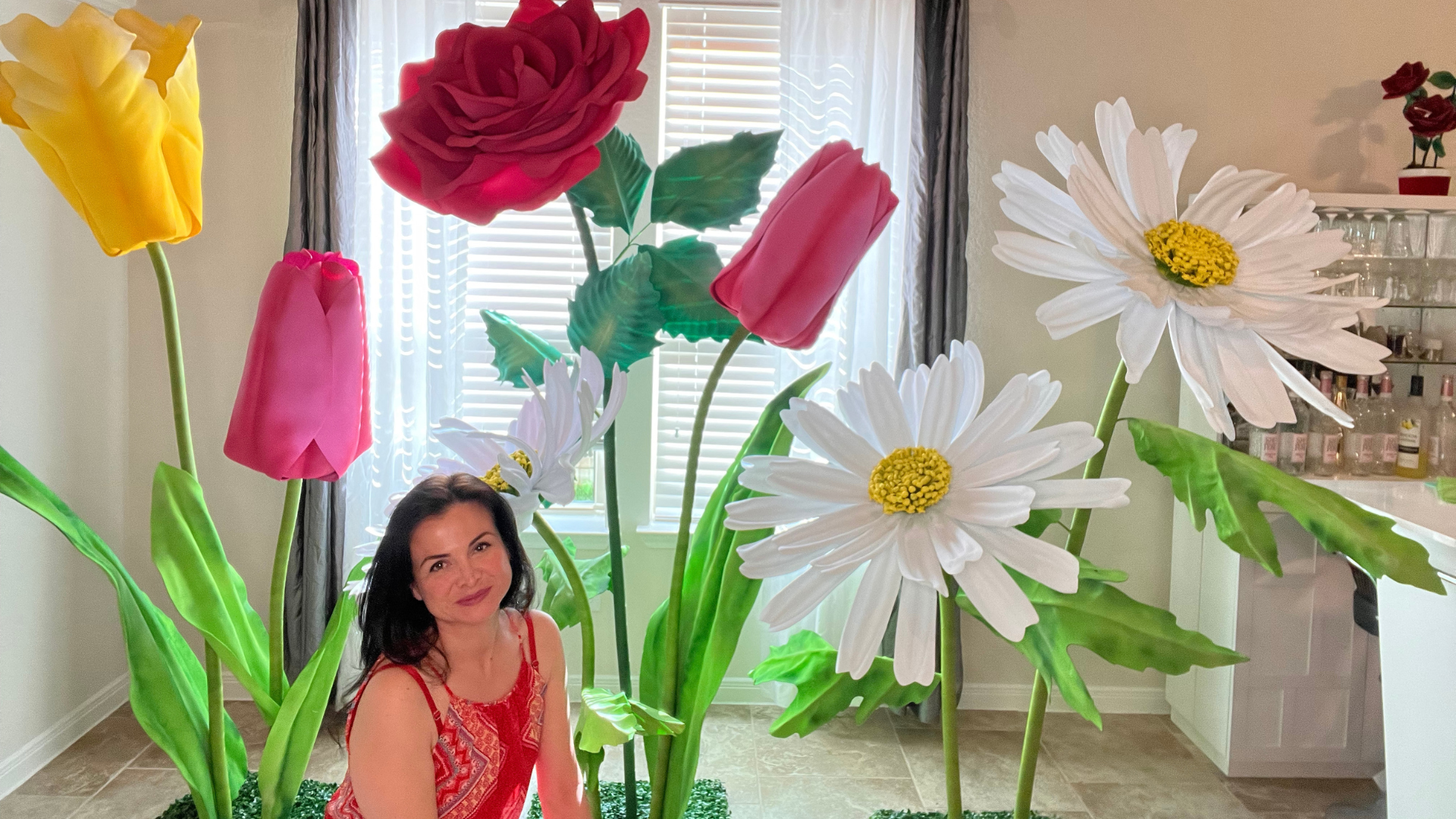 Spring Giant Flowers of Tulips, Magenta Roses and Giant Daisies