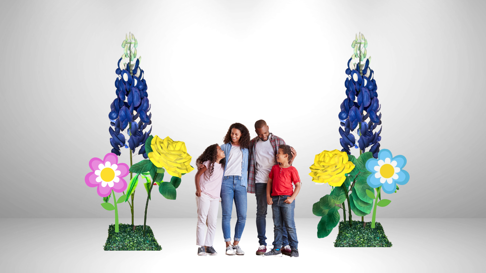 Mockup of  Giant Bluebonnets with Yellow Roses in Peppa Pig Theme Park 