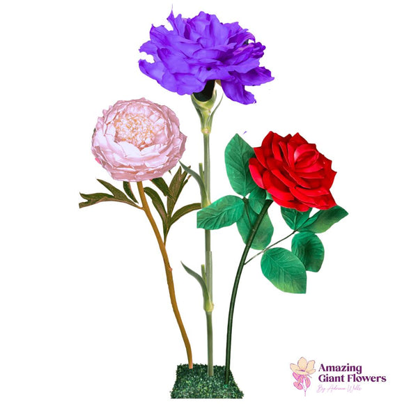 Hearts United Giant Flower Backdrop – Featuring Purple Carnations, Red Roses, and Pink Peonies