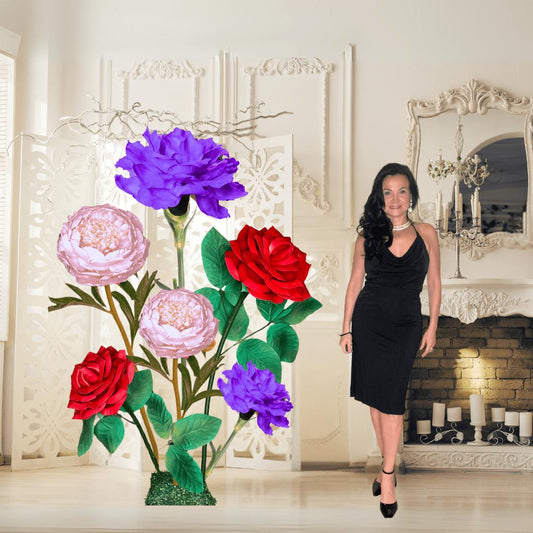 Hearts United Giant Flower Backdrop – Featuring Purple Carnations, Red Roses, and Pink Peonies