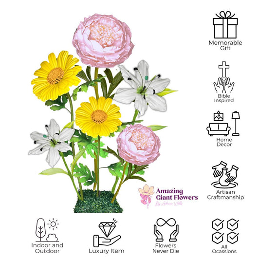 Heaven’s Peace Giant Flower Backdrop – Featuring White Lilies, Pale Pink Peonies, and Soft Yellow Daisies