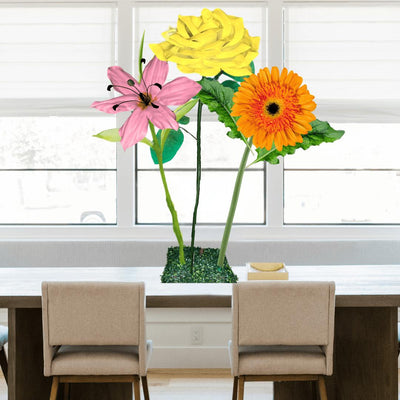 Joyful Praise Tall Table Centerpiece – Yellow Rose, Orange Gerbera, and Pink Lily, 12' and 18" Diameter Flowers