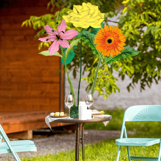 Joyful Praise Tall Table Centerpiece – Yellow Rose, Orange Gerbera, and Pink Lily, 12' and 18" Diameter Flowers
