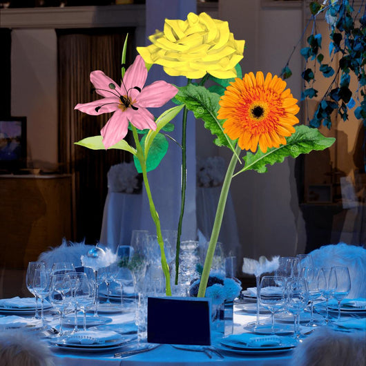 Joyful Praise Tall Table Centerpiece – Yellow Rose, Orange Gerbera, and Pink Lily, 12' and 18" Diameter Flowers
