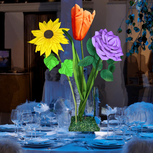 New Joy Tall Table Centerpiece – Sunflower, Tulip and Rose, 12" and 18" Diameter Flowers