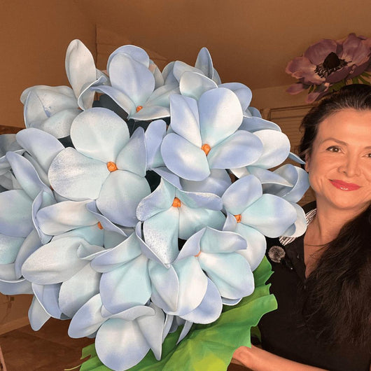 New Life Giant Flower Backdrop – Featuring Blue Hydrangeas, White Lilies, and Yellow Daisies