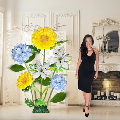 New Life Giant Flower Backdrop – Featuring Blue Hydrangeas, White Lilies, and Yellow Daisies