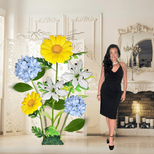 New Life Giant Flower Backdrop – Featuring Blue Hydrangeas, White Lilies, and Yellow Daisies