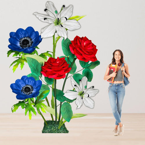 American Flowers- Giant Flower Backdrop – Featuring Red Roses, White Lilies, and Blue Anemones