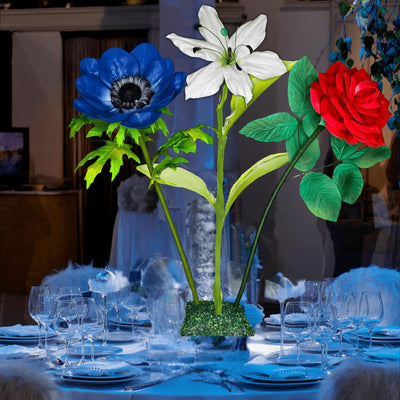 Patriot’s Pride Tall Table Centerpiece – Red Rose, White Lily, and Blue Anemone, 16" Diameter Flowers