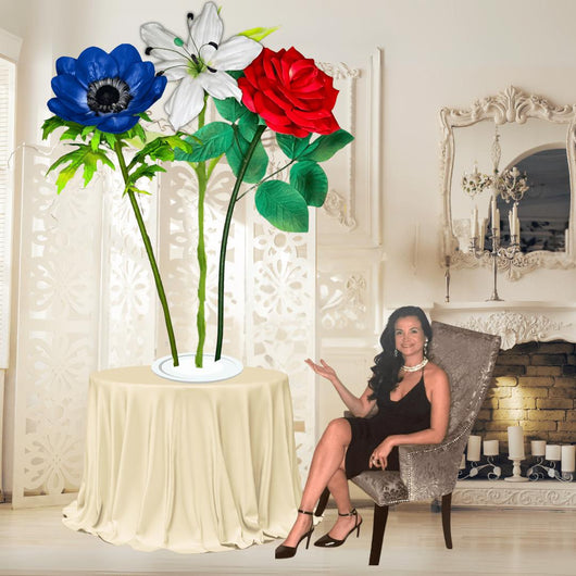 Patriot’s Pride Tall Table Centerpiece – Red Rose, White Lily, and Blue Anemone, 16" Diameter Flowers