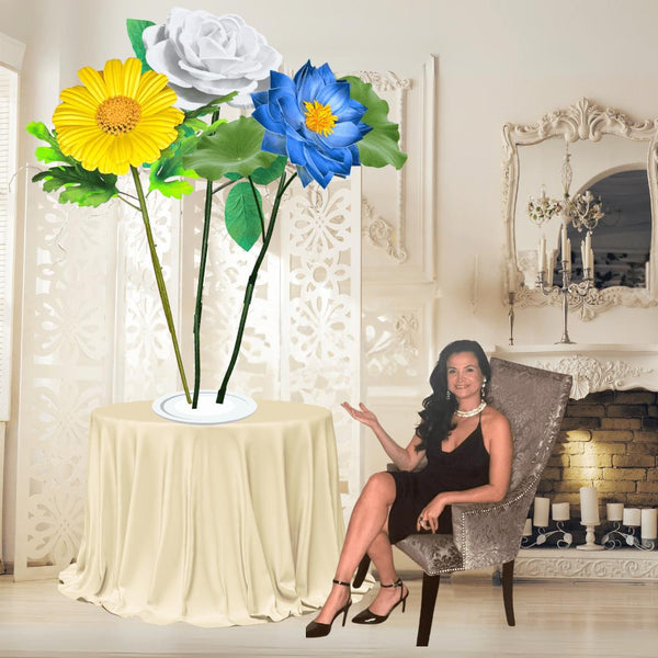 Peaceful Waters Tall Table Centerpiece – Blue Water Lily, White Rose, and Yellow Daisy, 12" and 18" Diameter Flowers