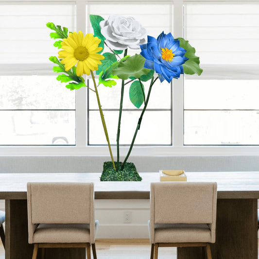 Peaceful Waters Tall Table Centerpiece – Blue Water Lily, White Rose, and Yellow Daisy, 12" and 18" Diameter Flowers
