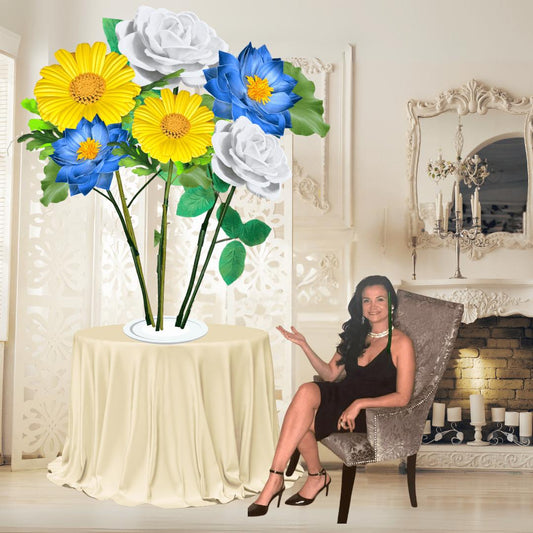 Peaceful Waters Tall Table Centerpiece – Blue Water Lily, White Rose, and Yellow Daisy, 12" and 18" Diameter Flowers
