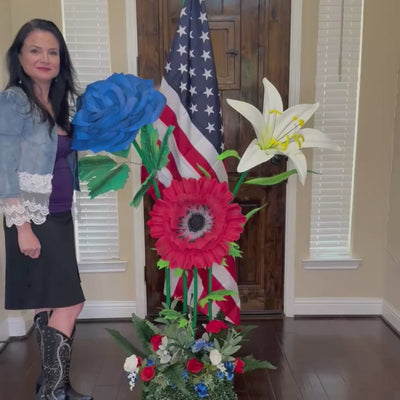 American Flag Decor with Patriotic Floral Arrangement - Red, Blue, White